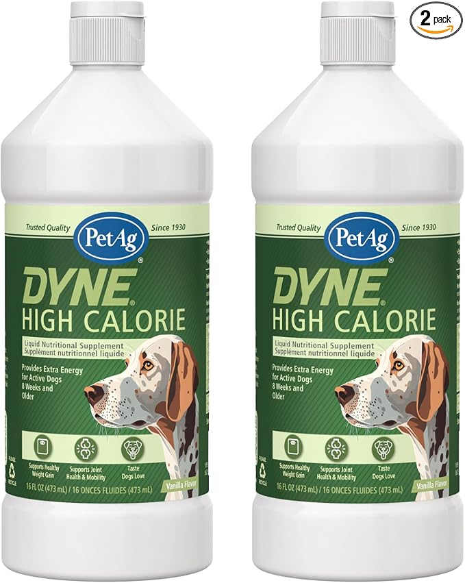 PetAg Dyne High Calorie Liquid Nutritional Supplement for Dogs & Puppies 8 Weeks and Older - 16 oz, Pack of 2 - Supports Performance and Endurance - Sweet Vanilla Flavor