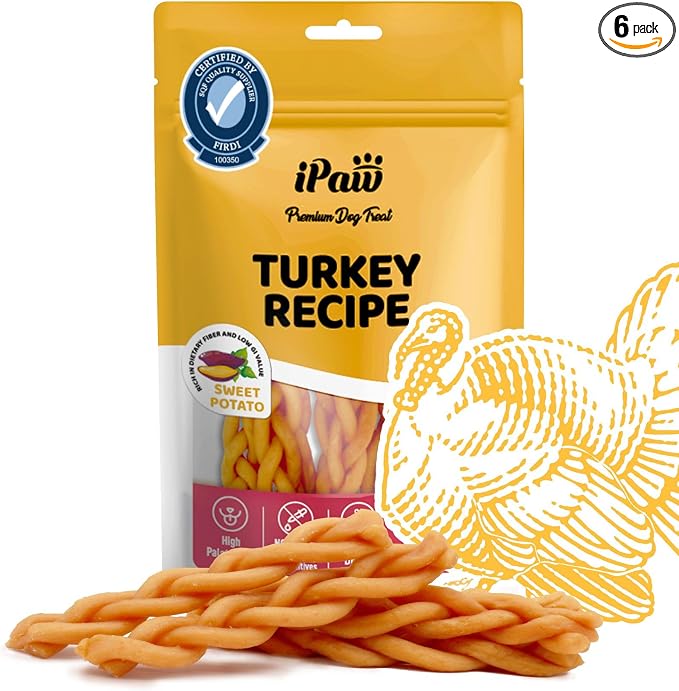 iPaw Turkey Dog Treats, SQF Certified Human Grade Dog Treat, Suitable for Training Chew, Hypoallergenic, Rawhide Alternative, Braided Stick (Sweet Potato)