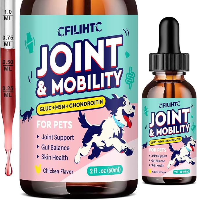 Joint Drops for Dogs with Glucosamine, Chondroitin, MSM & Omega-3 – Pets Liquid Joint Supplement for Dogs & Cats – Hip, Joint, Mobility, Skin & Coat Support – Chicken Flavor 2 Fl Oz