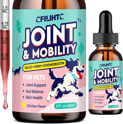 Joint Drops for Dogs with Glucosamine, Chondroitin, MSM & Omega-3 – Pets Liquid Joint Supplement for Dogs & Cats – Hip, Joint, Mobility, Skin & Coat Support – Chicken Flavor 2 Fl Oz