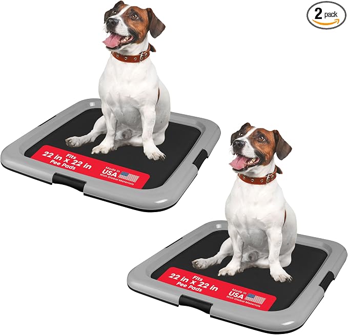 IRIS USA Pee Pad Holder for Dogs and Puppies, Potty Training Tray with Secured Latches, Non-Skid Feet, Leak Protection, Easy Clean Surface, Fits 22"x 22" Puppy Pads Size or Larger, 2 Pack, Black/Gray
