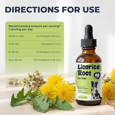 Licorice Root Drops for Dogs – Herbal Throat & Respiratory Comfort Support, Digestive Balance & Skin Wellness, Liquid Licorice Root Extract, Easy Daily Supplement, 2 fl oz (60 mL)