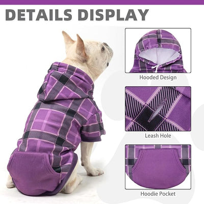 KOOLTAIL Plaid Dog Hoodie for Small Medium Large Dogs - Pet Clothes Sweater with Hat and Pocket for Cold Weather Winter, Warm Soft Dog Hooded Sweatshirt Coat Outfit for Puppy Cats Girls Boys Purple XS