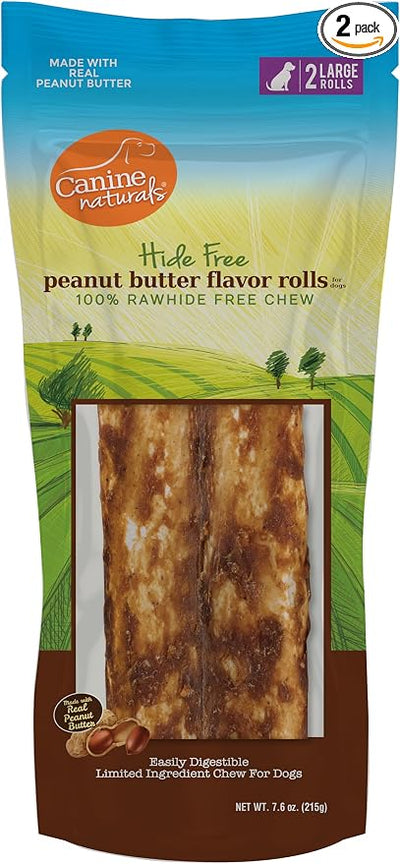 Canine Naturals Peanut Butter Chew - 100% Rawhide Free Dog Treats - Made with Real Peanut Butter - All-Natural and Easily Digestible - 2 Pack of 7 Inch Large Rolls for Dogs 50 lbs and up