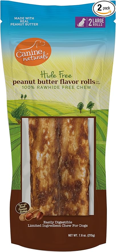 Canine Naturals Peanut Butter Chew - 100% Rawhide Free Dog Treats - Made with Real Peanut Butter - All-Natural and Easily Digestible - 2 Pack of 7 Inch Large Rolls for Dogs 50 lbs and up
