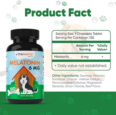Vitamatic Melatonin for Dogs - 6 mg - 120 Beef Flavored Chewable Tablets ((Pack of 1))