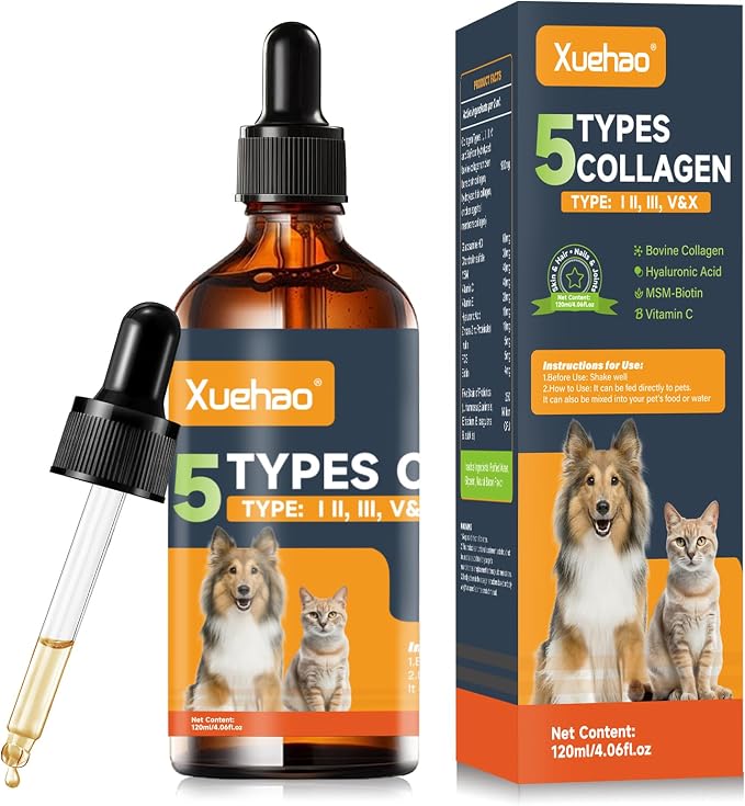 Premium Collagen for Dogs & Cats– 5 Types of Grass-Fed Collagen，Support for Skin & Coat，with MSM, Biotin & Hyaluronic Acid | 120ml/4.06 floz(01)