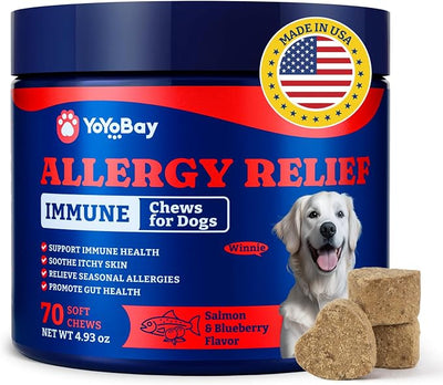Dog Allergy Relief Chews – 70 Soft Chews, Salmon & Blueberry Flavor - Immune Support & Itch Relief with Colostrum, Astragalus Root, 6-Strain Gut Health Blend