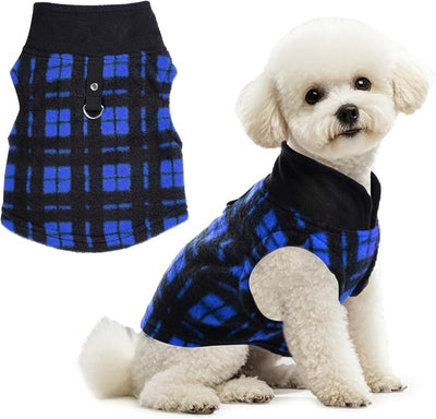 Rbenxia 1 PC Plaid Dog Sweaters with Leash Ring Soft Fleece Vest Dogs Pullover Warm Jacket Pet Dogs Clothes Winter Dog Outfits for Small Puppy Cat Pets (Blue and Black, Large)