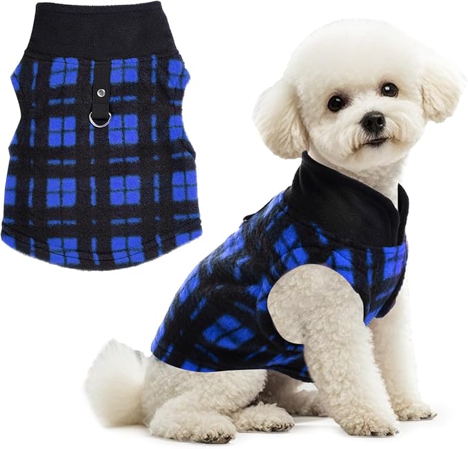 Rbenxia 1 PC Plaid Dog Sweaters with Leash Ring Soft Fleece Vest Dogs Pullover Warm Jacket Pet Dogs Clothes Winter Dog Outfits for Small Puppy Cat Pets (Blue and Black, Small)