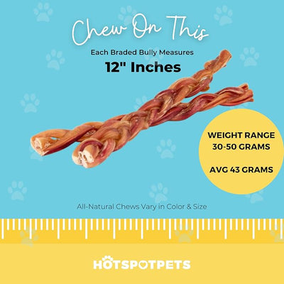 hotspot pets Braided Bully Sticks for Dogs - (12 Inch Stix- 5 Count) Premium All Natural Long Lasting Twisted Beef Pizzle Lasting Dog Chew Treats - Grain Free Fully Digestible Rawhide Alternative