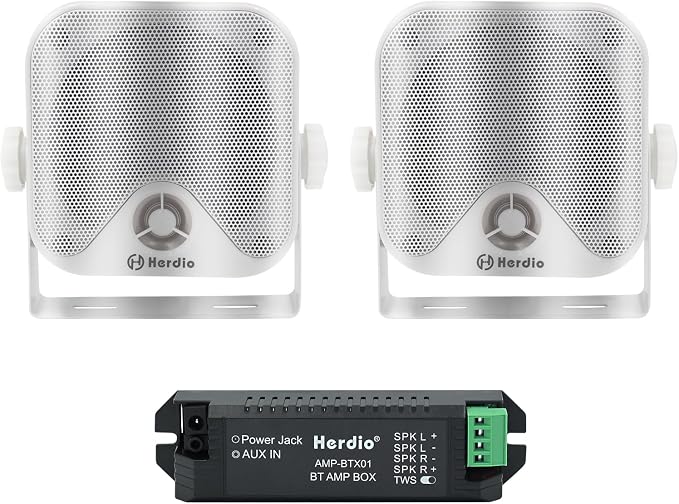Herdio 4 Inches Marine Box Bluetooth Speakers -Compact Waterproof Audio Sound System with 100 Watt Power for Boat Golf cart Jeep ATV UTV Truck Heavy Duty Powersports Vehicles Courtyard (White)