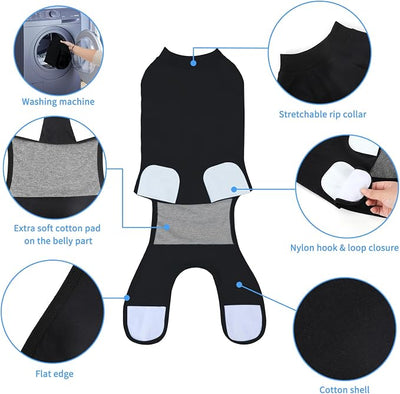 2 Packs Breathable Cotton Dog Recovery Suit for After Neuter Spay Abdominal Wounds Protector, Professional Anti-Licking Onesies for Male Female Pets Surgery Bandages, M Black Grey Pure