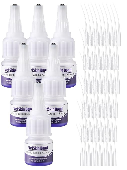 6 Pack 3ml Veterinary Surgical Skin Glue with 60 Applicators, Strong Surgical Adhesive, Blue Tinted Fast Acting Tissue Wound Glue, Up to 30 Applications, Ideal for Multi Pet Households