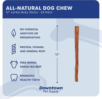 Downtown Pet Supply Jumbo Bully Sticks for Dogs - Natural Beef Chews, Low-Odor & Rawhide-Free, Long Lasting Dog Treats for Aggressive Chewers - Healthy, Safe & Delicious Chews Dogs Love (12" 24 Pack)