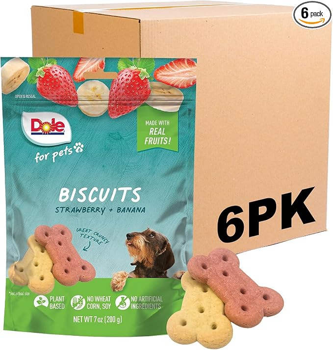 Dole for Pets Dog Biscuits, Assorted Banana and Strawberry Real Fruit Flavor Mix, Vegan Crunchy Training Treats, No Wheat Corn Soy Additives, 7 Oz, 6 Pack