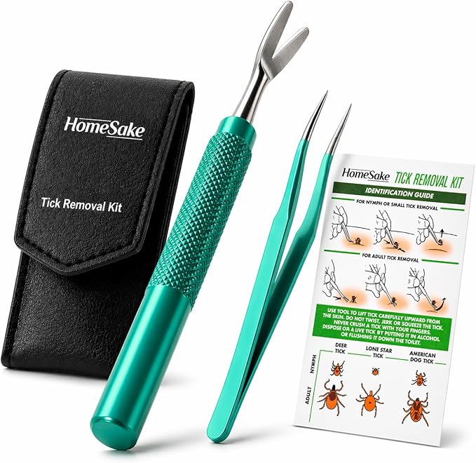 Homesake Tick Remover Tool and Tweezer Set for Humans- Pets Stainless Steel Cat and Dog Tick Removal Kit w/Storage Pouch Safe Tic Control Puller for Complete Removal of Big and Small Ticks (2 Pack)