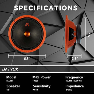MX65P1 Loudspeaker 6.5 Inch Midrange 200 Watts 4 Ohms Orange Dust Cap, Premium Quality Audio Door Speakers for Car or Truck Stereo Sound System, Orange (2 Speakers)