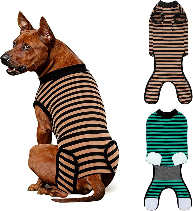 2 Packs Breathable Cotton Dog Recovery Suit for After Neuter Spay Abdominal Wounds Protector, Professional Anti-Licking Onesies for Male Female Pets Surgery Bandages, XL Striped Yellow Green