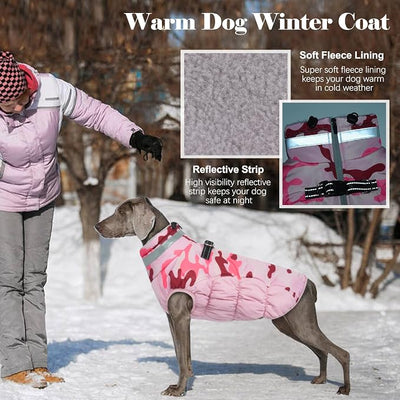 Lelepet Warm Dog Winter Coat Dog Coats for Large Dogs Waterproof Dogs Jacket with Harness Built in Reflective Cold Weather Coats Zip-Up Winter Fleece Vest Snowsuit Boston Terrier Pink Camo L
