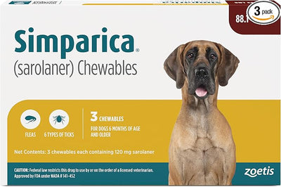 Simparica (sarolaner) Chewables for Dogs, 120 mg/tab, 88.1-132 lbs (Brown), 3 Tablets