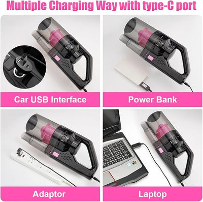 Car Vacuum Cordless Rechargeable, 8000PA High Power Handheld Vacuum Cleaner with 17PCS Car Cleaning Kit, Pink Auto Accessories for Women Gift