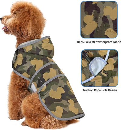Dog Raincoat for Small Dogs Puppies Waterproof Jacket Hooded Rain Coats with Reflective Strips Leash Hole & Poncho Adjustable Fit (CamoDuck,XS)