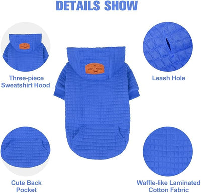 BEAUTYZOO Medium Dog Hoodie Sweater with Pockets, Dog Clothes for Small Medium Dogs Boy Girl, Waffle-Like Laminated Cotton Pet Coats with Hat and Leash Hole, Blue XL