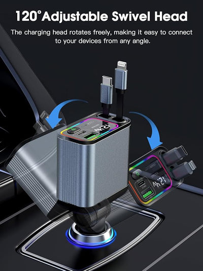 Retractable Car Charger USB C & Lightning, 107W Fast Charging Type-C Car Charger with Built-in Lightning Cable, Compatible with iPhone 17/16/15/Air, Samsung S24/S23/S22, Pixel 9/8/7 - Grey