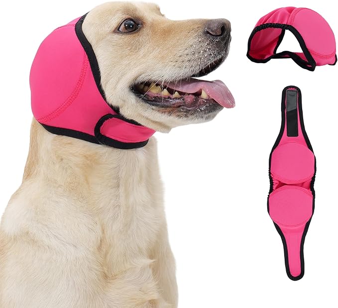 Dog Head Wrap - No Shake Ear Wrap Snood for Noise & Anxiety Relief, Ear Protector with Calming Hoodie, Dog Headband Ear Muffs for Hematoma, Grooming and Drying (Rose Red, M(Head Circle:14"-19"))