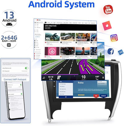 [2+64GB] Android 13 Car Stereo for Toyota Camry 2015 2016 2017, 10.1 inch Touch Screen Radio, Carplay&Android Auto/1080P/Hi-Fi Audio/Bluetooth/GPS/WiFi +MIC