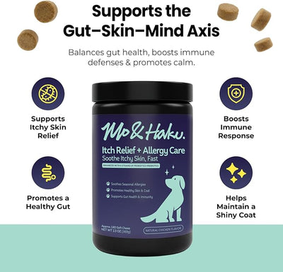 Mo & Haku Dog Allergy Relief Chews - 180 Soft Chews Immune Itch Support for Dogs Itchy Skin, Ears, Paw Licking, Seasonal Allergies - with Prebiotics & Probiotics, Colostrum & Salmon Oil