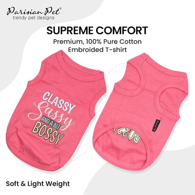 Parisian Pet Dog Shirt – 100% Cotton Classy Sassy and Bossy Shirts for Medium Dogs – Pink Sleeveless Puppy Clothes – Breathable Dog Outfit – Summer Pet Apparel - Stretchable Tshirts for Dogs Girls