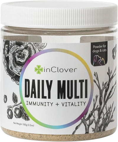 InClover Daily Multi Cat & Dog Vitamin - Canine & Feline Vitality Powder - Immunity Boost with Organic Blueberry, Seaweed, Turkey Tail Mushroom & Postbiotic Fibers