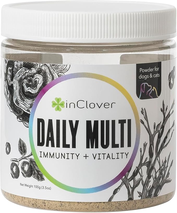 InClover Daily Multi Cat & Dog Vitamin - Canine & Feline Vitality Powder - Immunity Boost with Organic Blueberry, Seaweed, Turkey Tail Mushroom & Postbiotic Fibers