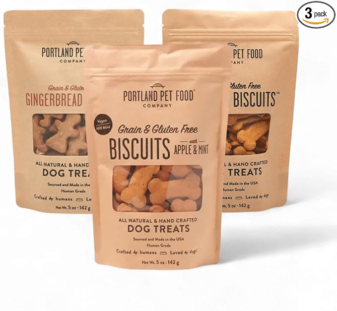 Portland Pet Food Company Healthy Dog Treats Vegan Variety Pack - Grain-Free, Human-Grade Apple Mint, Gingerbread, Pumpkin Treats - Natural Training Biscuits for All Ages & Sizes, Made in USA - 3 Pack