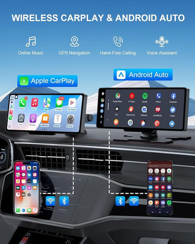HK3 Carplay Screen for Car, 10.26’’ Wireless Apple Car Play & Android Auto Touchscreen, with 4K Dash Cam,1080P Backup Camera,64GB TF card, Car Stereo/GPS Navigation/Mirror Link/Bluetooth/Voice Control