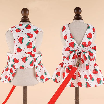 Dog Dress Bowknot Harness Leash Set for Small Dogs Red Strawberry Dog Cat Clothes Cute Puppy Outfits Pet Clothes Spring Summer Breathable Dresses(X-Samll)