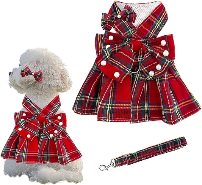 1 Pcs Cute Dog Dress Puppy Clothes with Bownot for Female Girl Small Dogs Outfits Harness for Outdoor Walking Birthday Party Red Plaid Skirt L