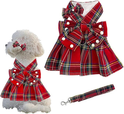 1 Pcs Cute Dog Dress Puppy Clothes with Bownot for Female Girl Small Dogs Outfits Harness for Outdoor Walking Birthday Party Red Plaid Skirt L