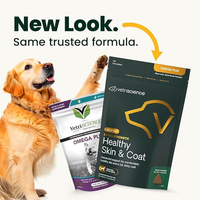 VetriScience Omega Plus Advanced Skin Supplement for Dogs Fish Oil Supplement for Itchy Skin with Omegas 3, 6, 9 Fatty Acids and Added Nutrients