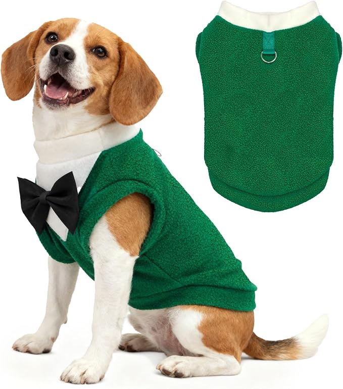 Cute Dog Fleece Sweater with D-Ring, Fall Winter Dog Clothes Tuxedo Costume with Bowtie, Soft Puppy Sweatshirt Corgi Bulldog Apparel Dachshund Outfits for Small Medium Large Dogs(Green,5XL)