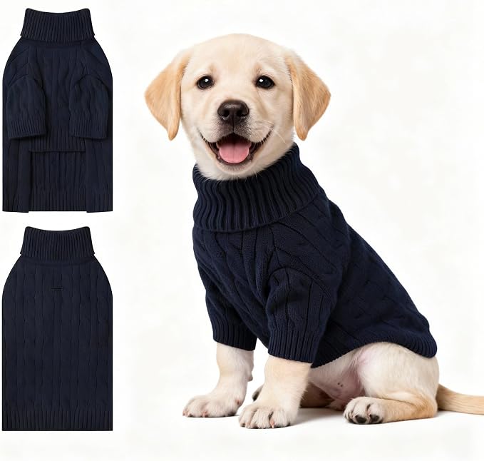 Small Dog Thermal Pullover Sweater, Classic Turtleneck Cable Knitwear Dog Clothes for Cold Weather Warm Pet Clothes for Chihuahua, Bulldog, Dachshund, Pug Navy X-Large