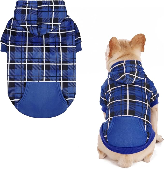 EXPAWLORER Plaid Dog Hoodie - British Style Warm Dog Sweater Shirt with Leash Hole,Pitbull Clothes Outfits,Winter Coat Apparel for All Breeds Puppy Girl Boy-Cat Apparel,Navy Blue S-Medium