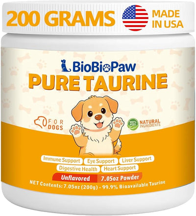 Pure Taurine for Dogs Taurine Powder Supplement for Pet Puppy 500mg Unflavored Easy-to-Mix Taurine Supplement for Doggy Supports Immune Heart Vision Skin & Coat Vitality Made in USA 200 Grams