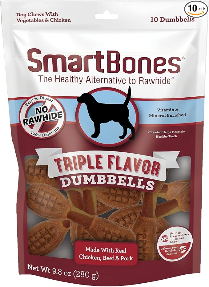 SmartBones Triple Flavor Dumbbells, 10 Count, Rawhide-Free Chews for Dogs, Made with Real Chicken, Beef and Pork
