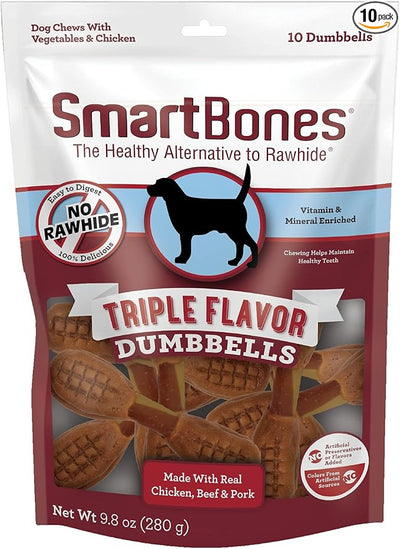 SmartBones Triple Flavor Dumbbells, 10 Count, Rawhide-Free Chews for Dogs, Made with Real Chicken, Beef and Pork