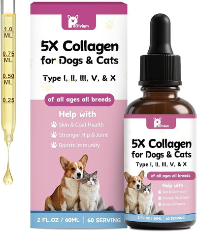 Liquid Collagen for Dogs and Cats, 5 Types of Grass-Fed Collagеn (I, II, III, V & X) with MSM, Biotin and Hyaluronic Acid, Daily Wellness Formula, 2 Oz