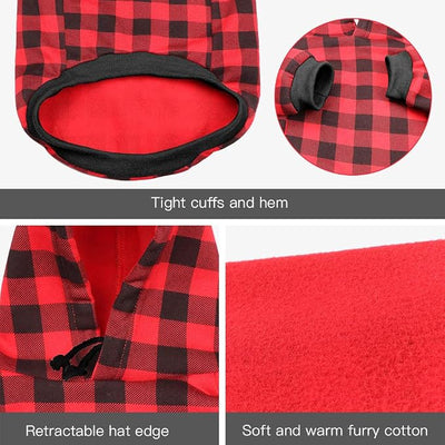 Red Plaid Dog Hoodie Sweater for Dogs Pet Clothes with Hat and Pocket（XL）
