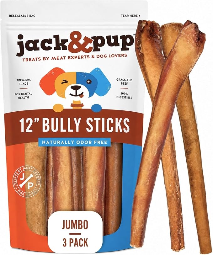 Jack&Pup 12 Inch Jumbo Bully Sticks for Dogs (3 Pack) Single Ingredient Dog Bully Sticks for Large Dogs and Aggressive Chewers